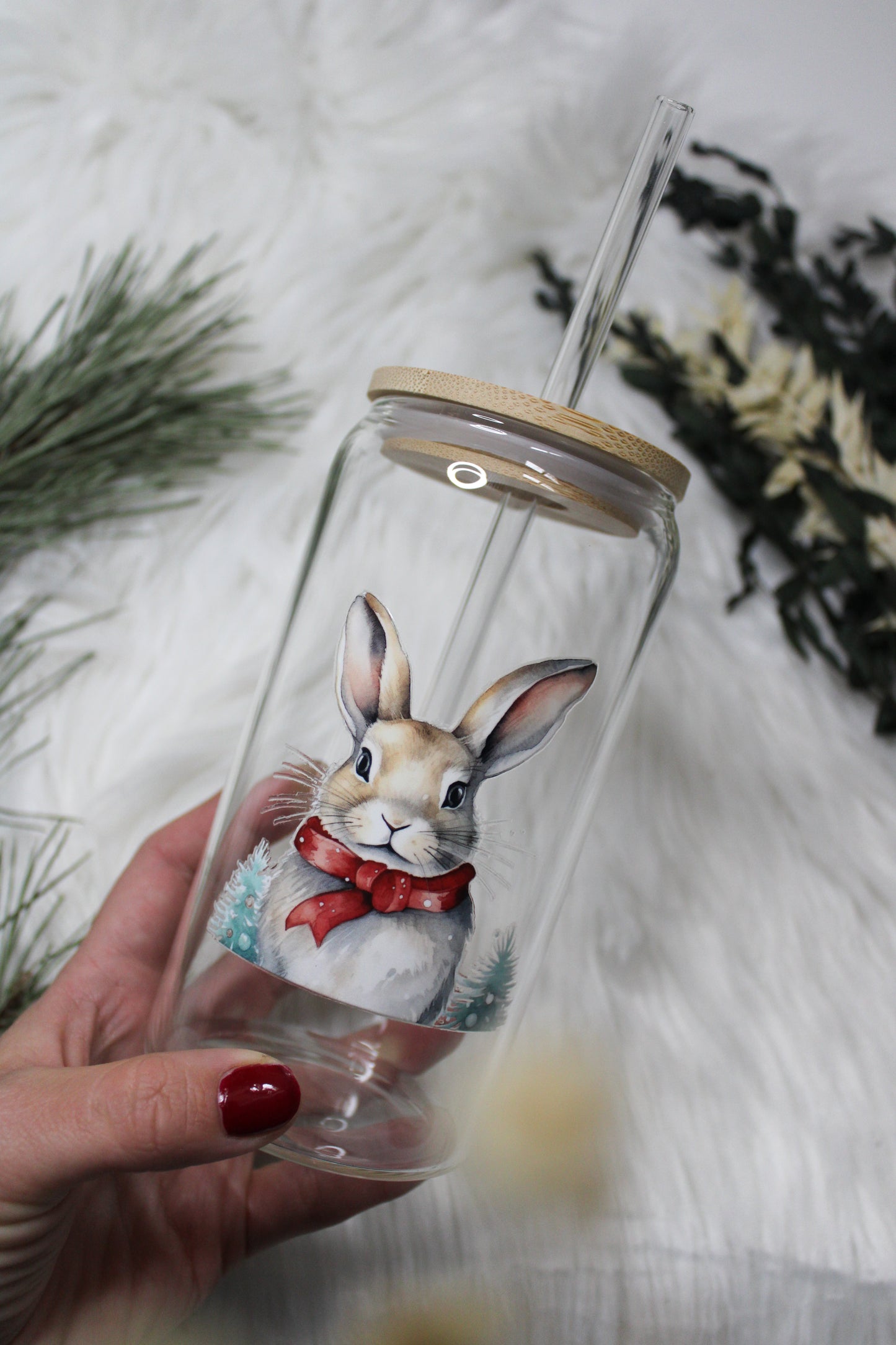 Glas mit Deckel & Strohhalm „Hase mit Schal“