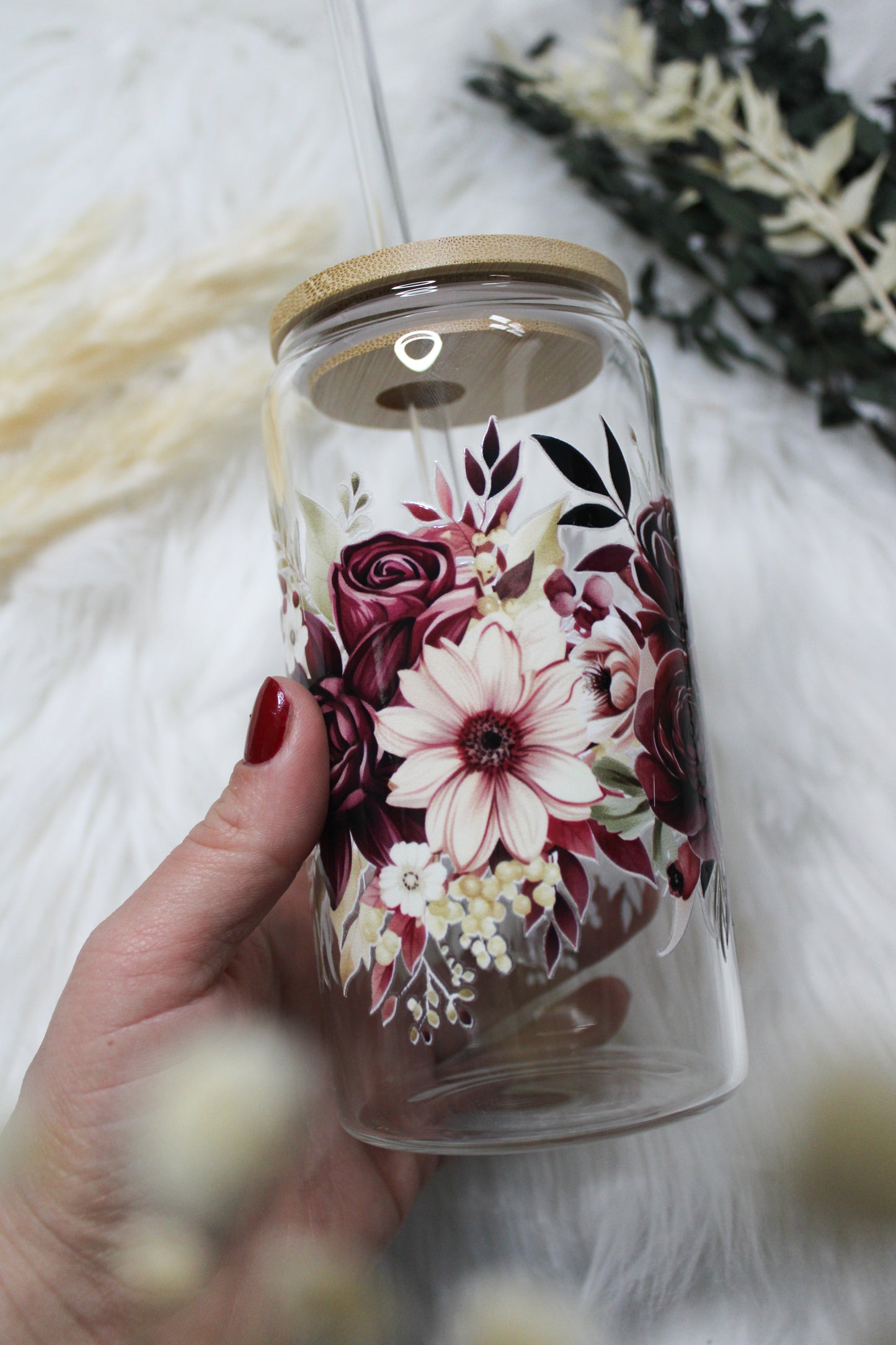 Glas mit Deckel & Strohhalm „Blumen“