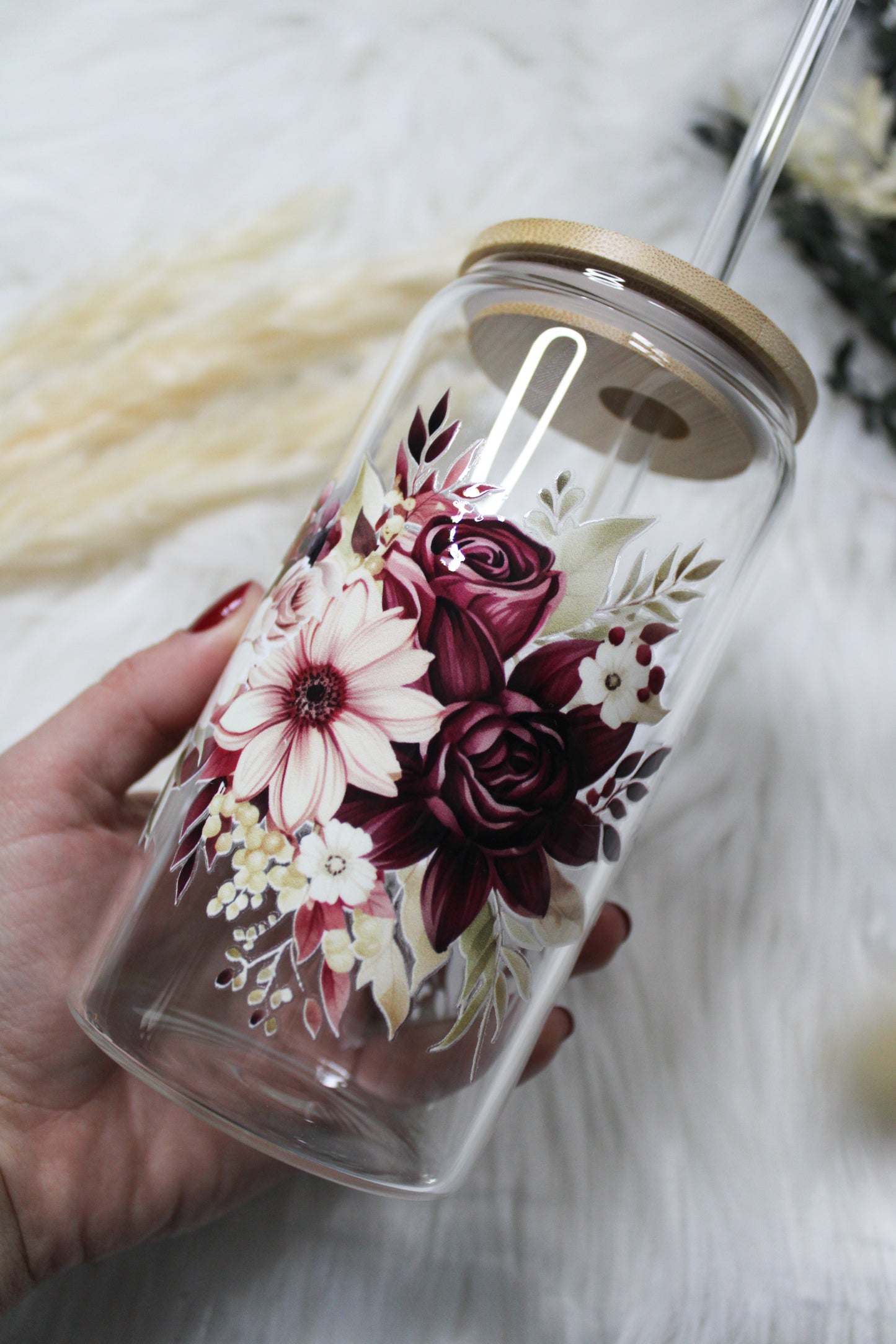 Glas mit Deckel & Strohhalm „Blumen“